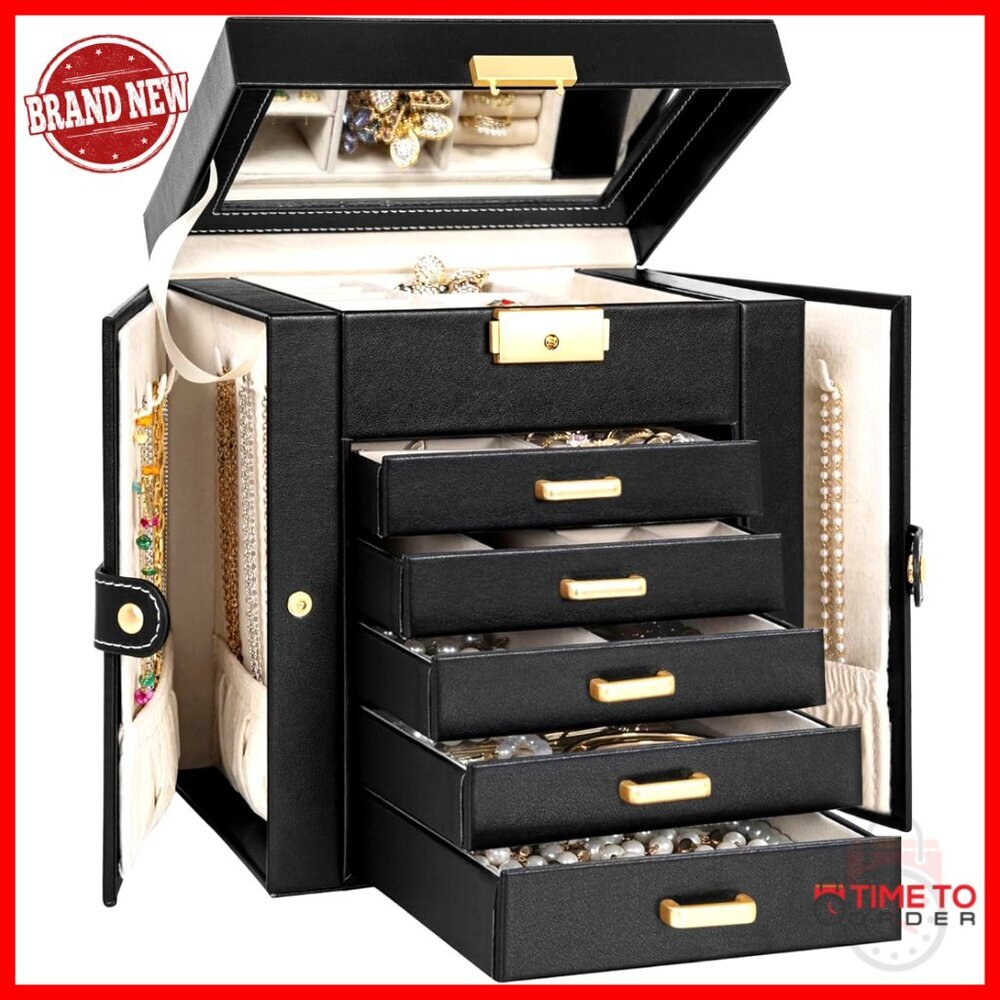Large 6-Tier Jewelry Organizer with Mirror Lock Faux Leather Storage Case